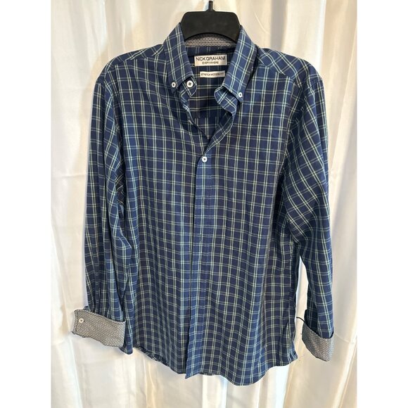 Nick Graham Everywhere shirt Men's Stretch 15.5  x 34-35 Flip Cuffs Blue Plaid - Picture 1 of 6